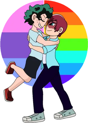 Animated Characters Embrace Rainbow Background PNG Image