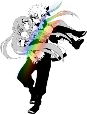 Animated Characters Embrace Rainbow Effect PNG Image