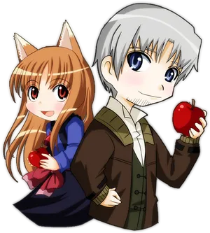 Animated Fox Girland Boy With Apple PNG Image