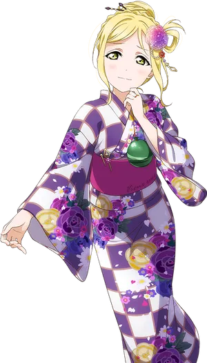 Animated Girl In Floral Kimono PNG Image