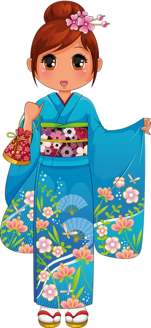 Animated Girlin Blue Kimono PNG Image