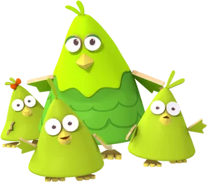 Animated Green Bird Family PNG Image