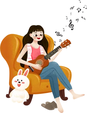 Animated Guitar Sessionwith Pet Bunny PNG Image