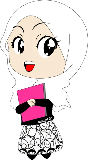 Animated Hijab Character Holding Book PNG Image