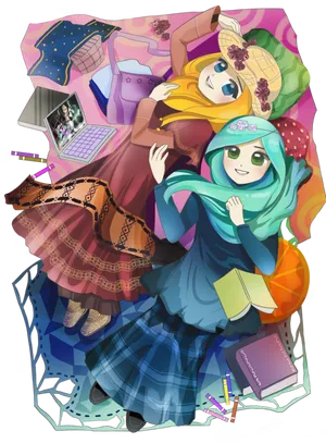 Animated Hijab Friends Studying Together PNG Image