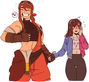 Animated Lesbian Couple Holding Hands PNG Image