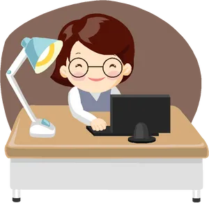 Animated Office Workerat Desk PNG Image