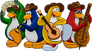 Animated Penguin Band Illustration PNG Image