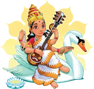 Animated_ Saraswati_ Playing_ Veena PNG Image