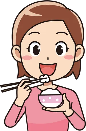 Animated Woman Eating Rice With Chopsticks PNG Image