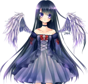 Anime Angel Girlwith Purple Wings PNG Image