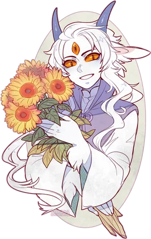 Anime Boywith Hornsand Flowers PNG Image