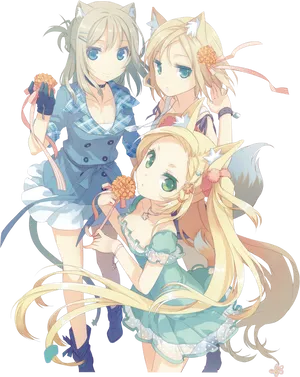 Anime Friends With Floral Accessories PNG Image