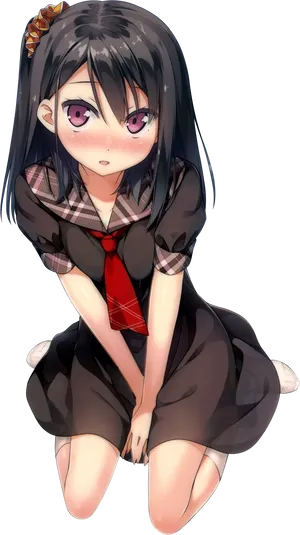 Anime Girl Blushing Kneeling PNG Image