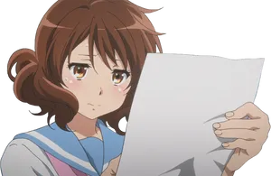 Anime Girl Holding Paper Concerned Look PNG Image