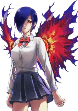 Anime Girl With Blue Hairand Flaming Wings PNG Image