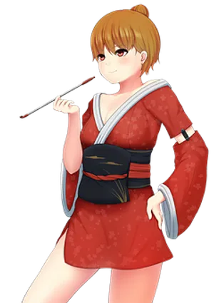 Anime Girlin Red Kimono Holding Paintbrush PNG Image