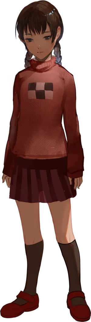 Anime Girlin Red Sweaterand Skirt PNG Image