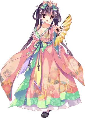 Anime Girlin Traditional Dresswith Fan PNG Image