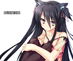 Anime Girlwith Cat Earsand Black Hair PNG Image