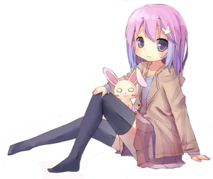 Anime Girlwith Purple Hairand Plush Bunny PNG Image