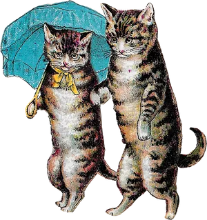 Anthropomorphic Cats With Umbrella PNG Image