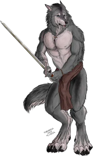 Anthropomorphic Werewolf Warriorwith Sword PNG Image