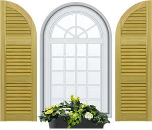 Arched Window With Shuttersand Flowers PNG Image