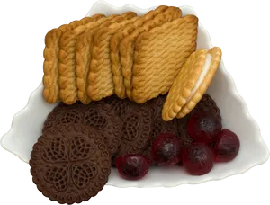 Assorted Biscuitsand Cherrieson Plate PNG Image