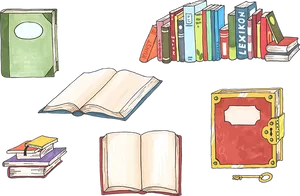 Assorted Books Cartoon Illustration PNG Image