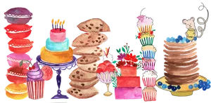 Assorted Desserts Watercolor Illustration PNG Image