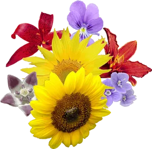 Assorted Flowersand Bee Composition PNG