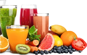 Assorted Fruit Juicesand Fresh Fruits PNG Image