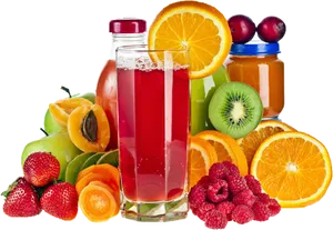 Assorted Fruit Juicesand Fresh Fruits PNG Image