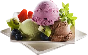 Assorted Ice Cream Scoopswith Fruit Garnish PNG Image