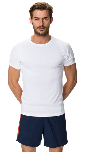 Athletic Man White Shirt Navy Shorts PNG Image