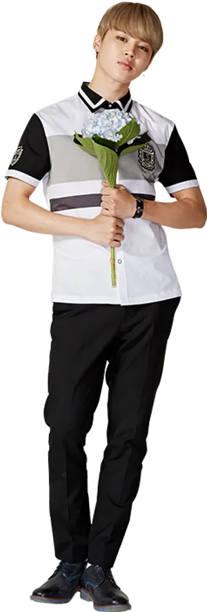 B T S Member Holding Flowers PNG Image