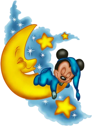 Baby Mickey Sleepingon Moon PNG Image