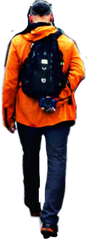 Backpackerin Orange Jacket Walking PNG Image