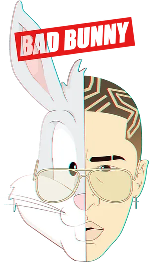 Bad Bunny Half Cartoon Half Real Illustration PNG Image