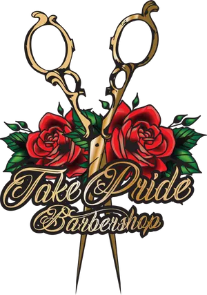 Barbershop Logowith Scissorsand Roses PNG Image