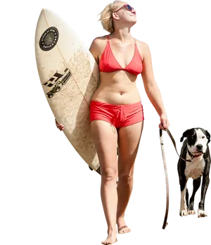 Beach Ready Womanwith Surfboardand Dog PNG Image