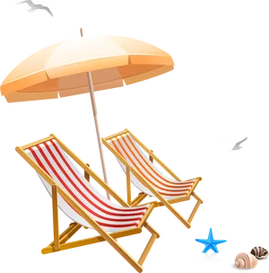 Beach Umbrellaand Deck Chairs PNG