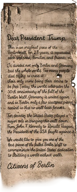 Berlin Wall Piece Letterto President Trump PNG Image