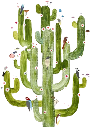 Birds Perchedon Saguaro Cactus Illustration PNG Image