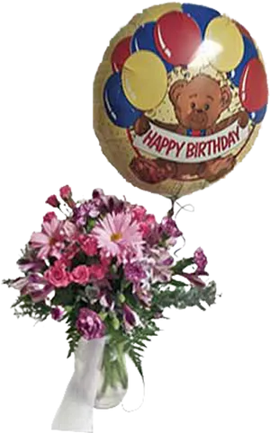 Birthday Bear Balloonand Flower Bouquet PNG Image