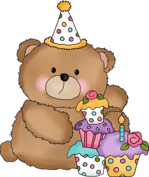 Birthday Bear With Cupcakesand Hat PNG Image