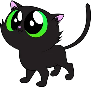 Black Cartoon Cat Green Eyes PNG Image