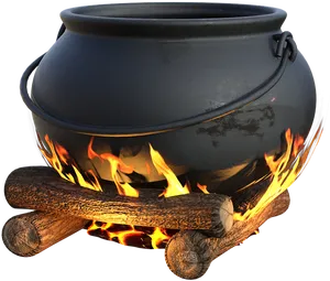 Black Cauldronon Fire Logs PNG Image