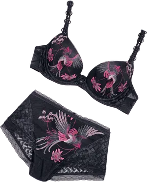 Black Pink Embroidered Lingerie Set PNG Image